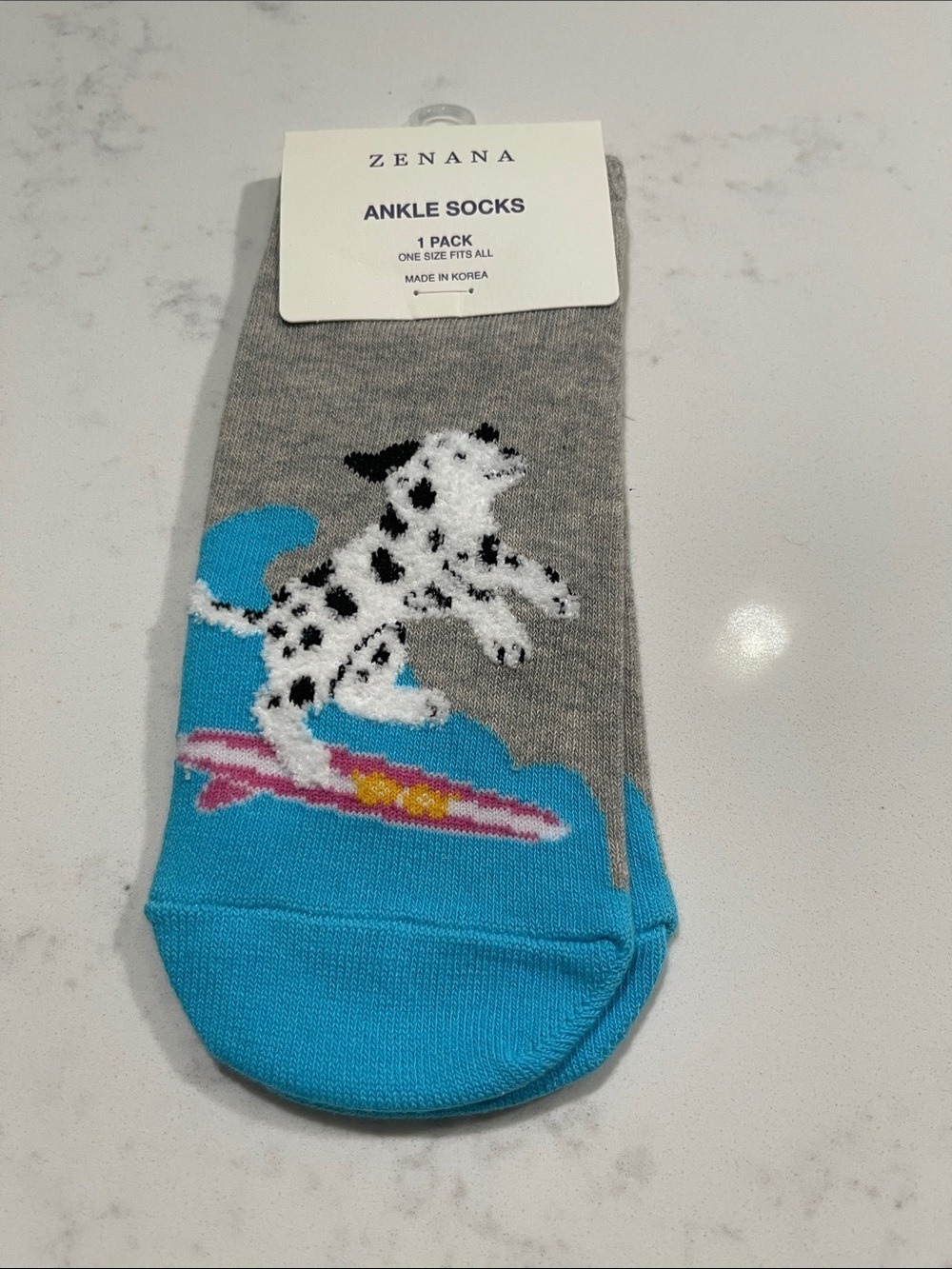 NWT Zenana Gray Ankle Socks with Surfing Dalmatian OS